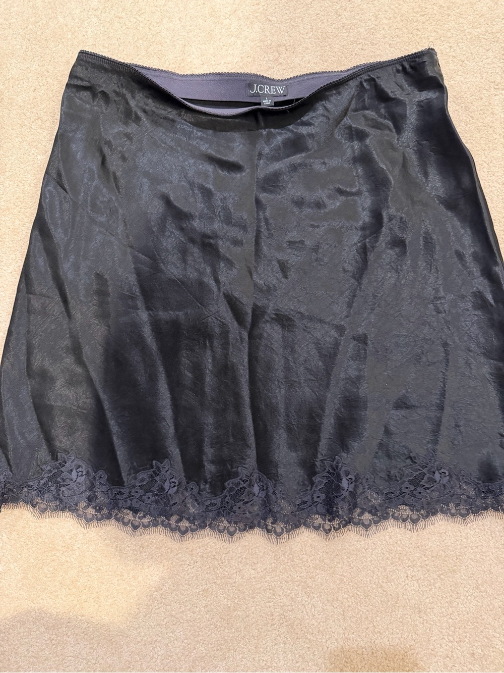 J.Crew Black Satin Lace Trim Slip Skirt Size Large